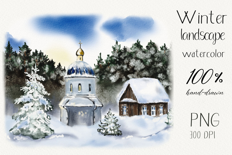 Watercolor winter landscape with church and snow