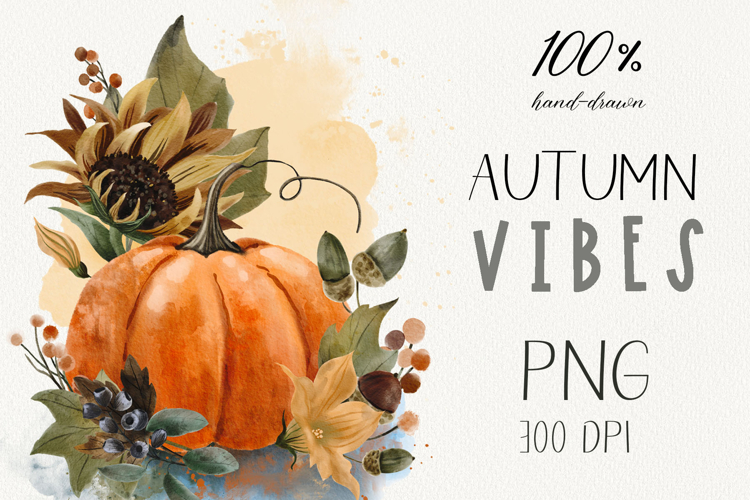 Watercolor pumpkin with fall flowers, acorns and berries