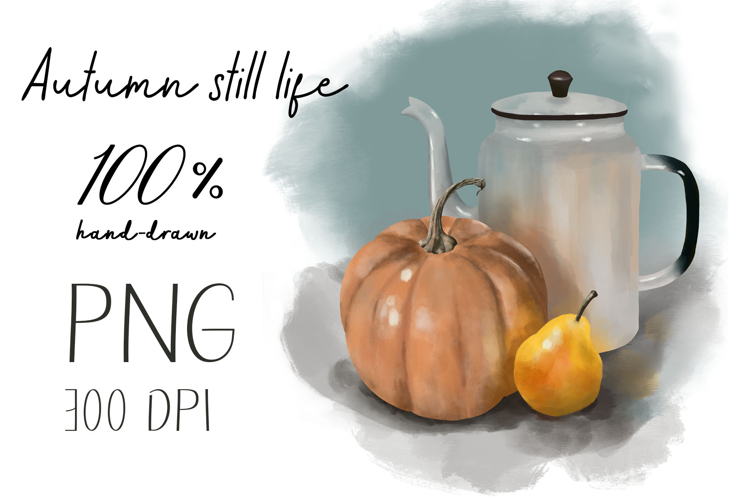 Hand-drawn illustration of teapot with pumpkin and pear
