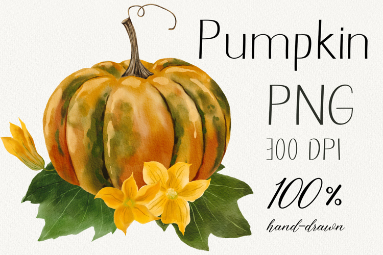 Hand-painted watercolor pumpkin with leaves and flowers