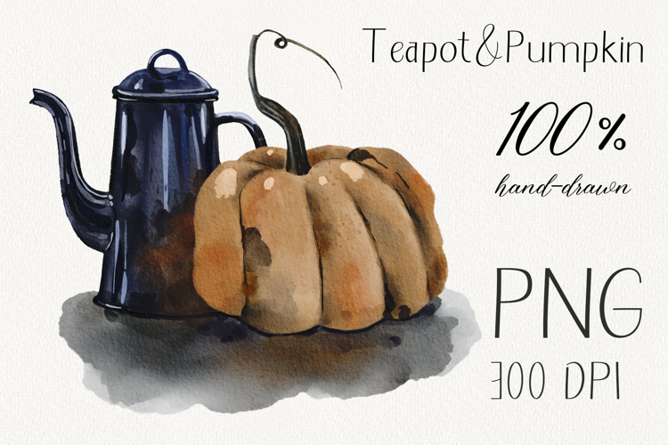 Hand-drawn illustration of teapot and pumpkin