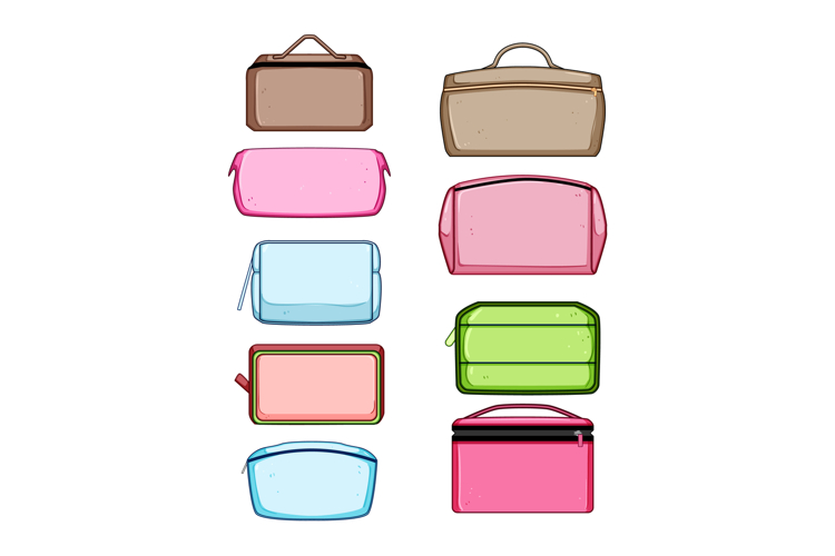 Collection of colorful cosmetic bags and travel pouches set