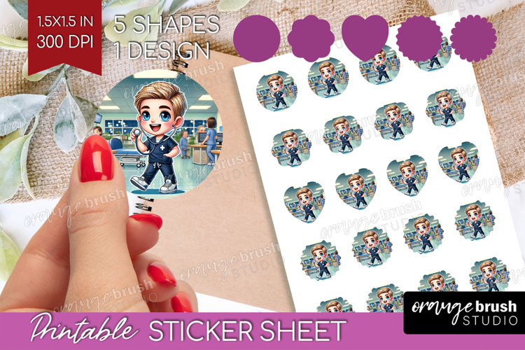Male Nurse Round Sticker - Medical Printable Sticker Sheet
