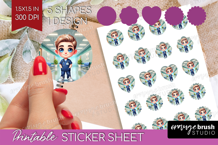 Male Nurse Round Sticker - Medical Printable Sticker Sheet