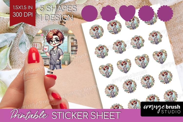 Male Nurse Round Sticker - Medical Printable Sticker Sheet
