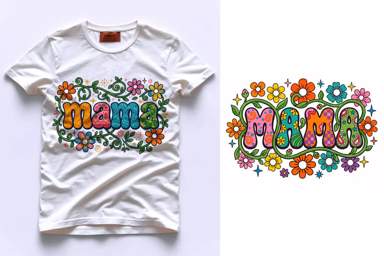 T shirt Mothers Day mama lettering with colorful floral fram