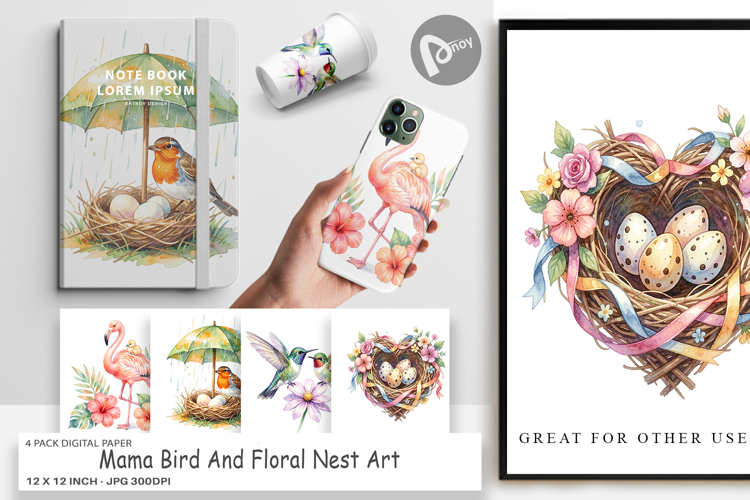 Mama Bird Floral Nest Art Digital Paper