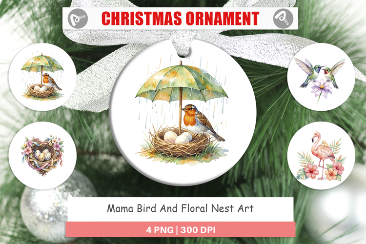 Mama Bird And Floral Nest Art Ornament