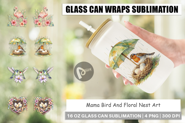 Mama Bird And Floral Nest Art Glass Can