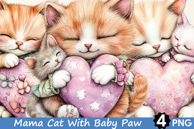 Mama Cat With Baby Paw Heart clipart