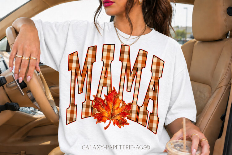Mama PNG | Fall Plaid Leaf Shirt Design example image 1