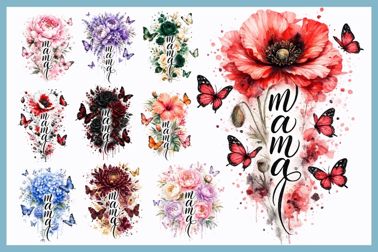 Watercolor Floral Butterfly Mama PNG Bundle