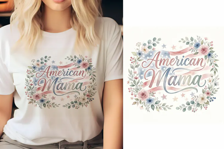 T shirt American Mama calligraphy with watercolor flowers an