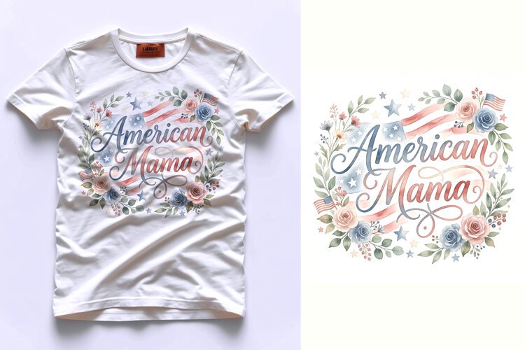 T shirt American Mama watercolor lettering with floral wreat example image 1
