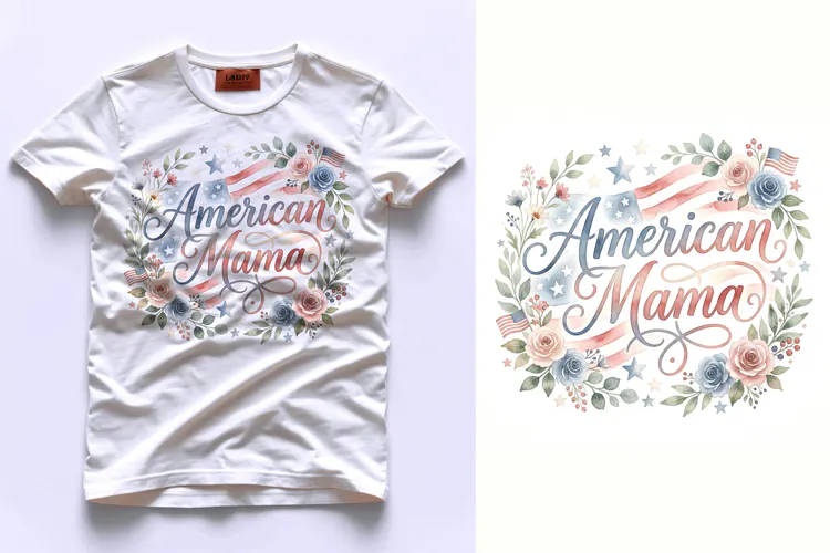 T shirt American Mama watercolor lettering with floral wreat