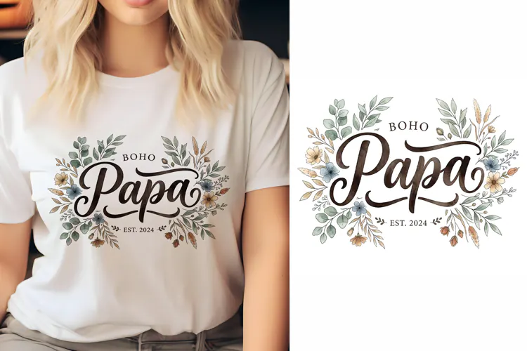 T shirt Boho Papa calligraphy design with floral wreath for