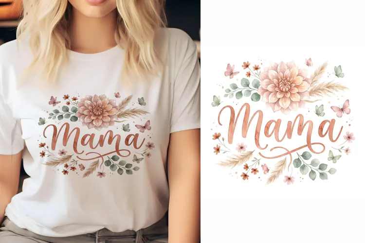 T shirt Mama watercolor lettering with floral dahlia and but