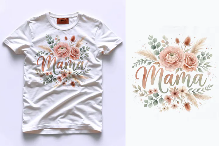 T shirt Mother's Day floral arrangement with handwritten Mam