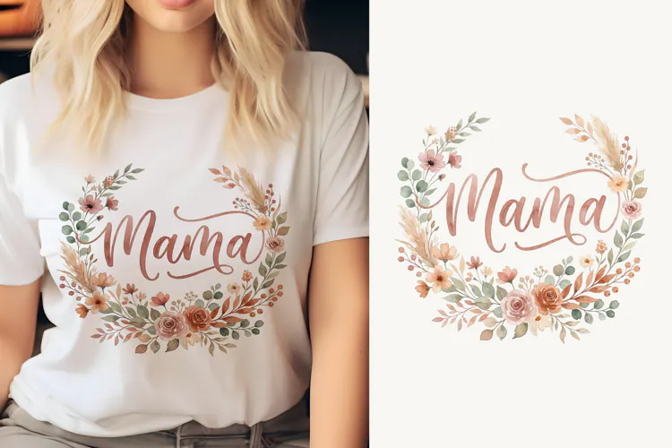 T shirt Mothers Day watercolor floral wreath with Mama calli
