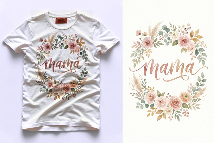T shirt Mothers Day floral wreath with mama calligraphy text example image 1