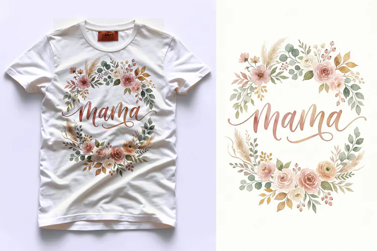 T shirt Mothers Day floral wreath with mama calligraphy text