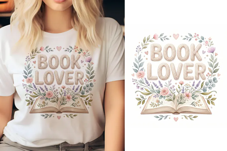 T shirt Book lover text with floral wreath open book illustr