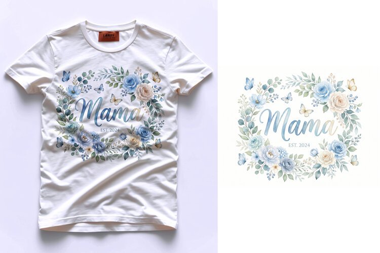 T shirt Watercolor floral wreath with Mama est 2024 text for example image 1