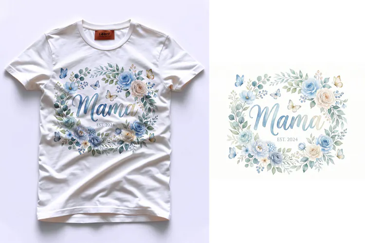 T shirt Watercolor floral wreath with Mama est 2024 text for
