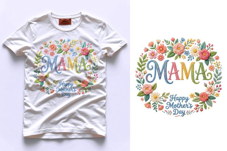 T shirt Happy Mothers Day embroidery floral wreath with Mama example image 1