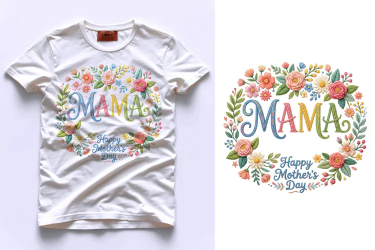 T shirt Happy Mothers Day embroidery floral wreath with Mama