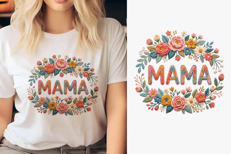 T shirt Mothers Day embroidery text with floral wreath example image 1