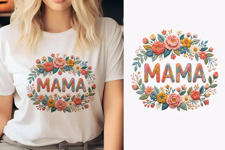 T shirt Mothers Day embroidery text with floral wreath