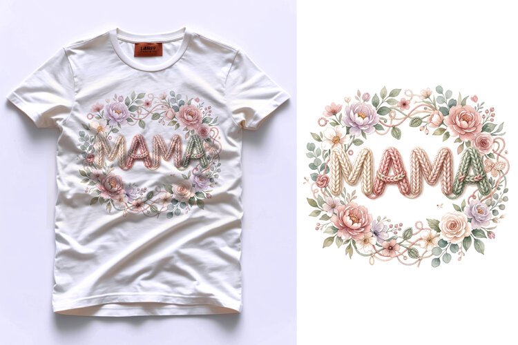 T shirt Mothers Day greeting with knitted Mama text floral w example image 1