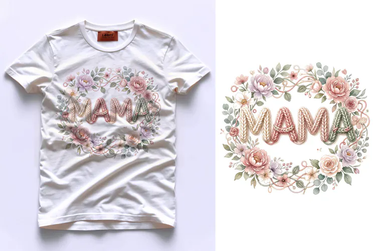 T shirt Mothers Day greeting with knitted Mama text floral w