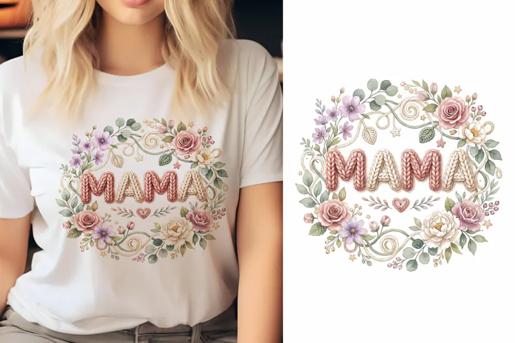 T shirt Mothers Day floral wreath with knitted Mama