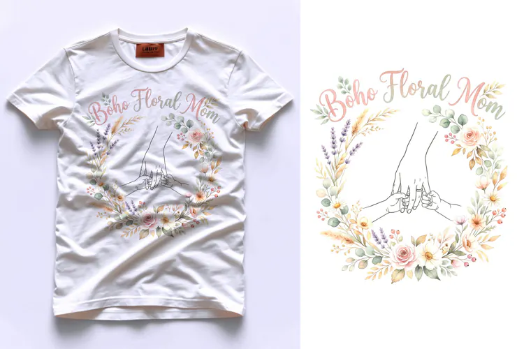 T shirt Boho Floral Mom illustration with hands holding baby