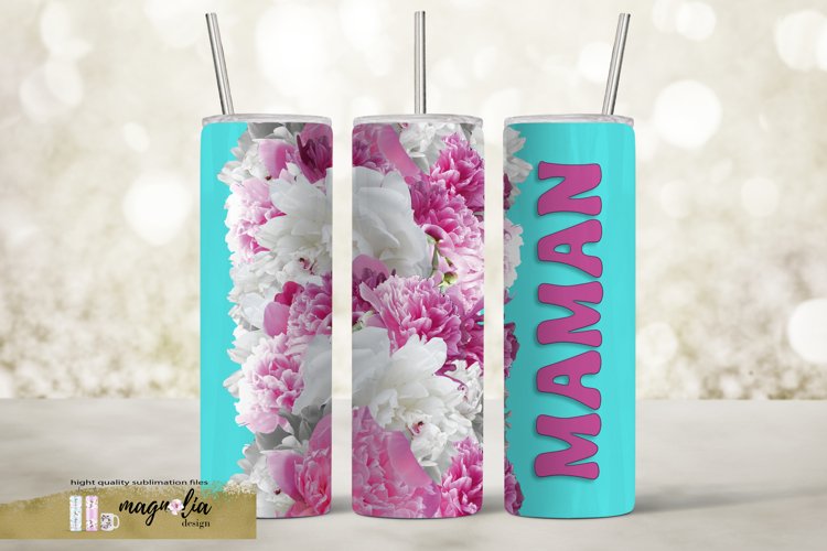 MAMAN tumbler wrap sublimation design png with pink peonies