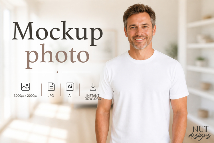 Blank T-Shirt Mockup White tshirt Caucasian man dad example image 1
