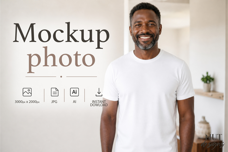 Blank T-Shirt Mockup White tshirt Black skin man dad example image 1