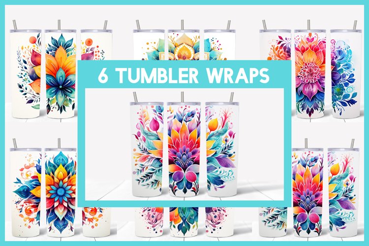 6 Watercolour Mandala Tumbler Sublimation I Watercolour PNG