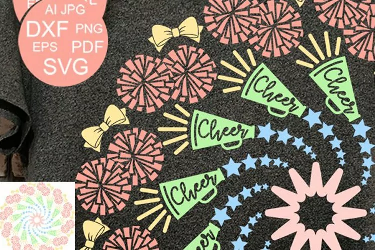 Cheer mandala svg Colorful Sports decor Pom poms, megaphones