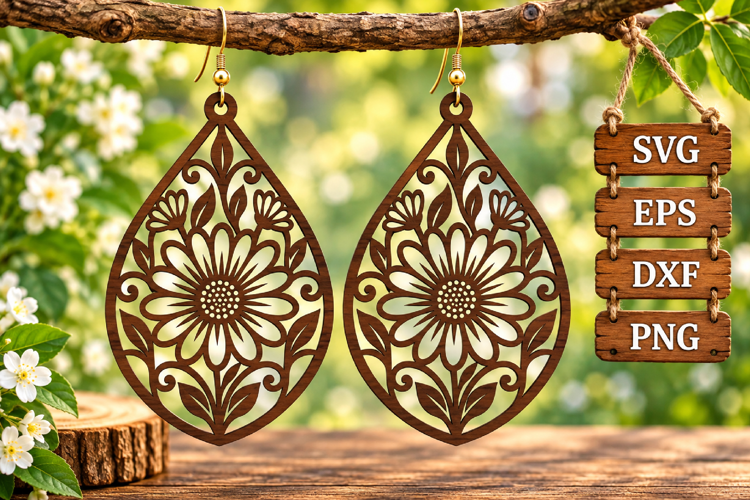 Mandala Sunflower Earring Teardrop Floral Swirl Laser Cut