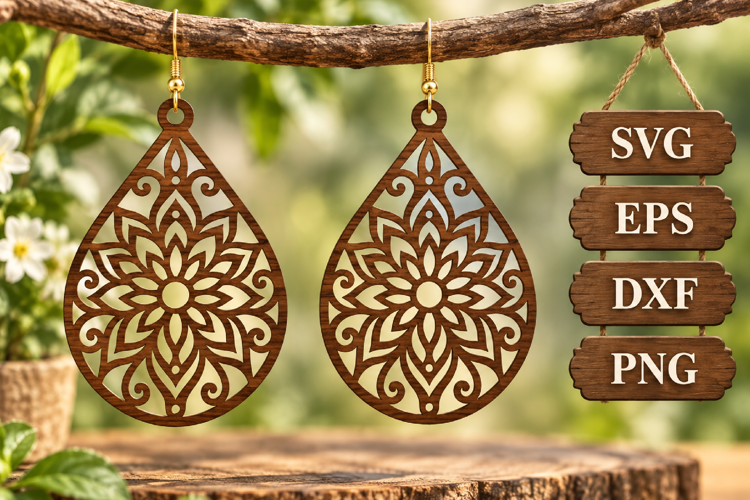 Mandala Earring Teardrop Wooden Geometric Lace Laser SVG