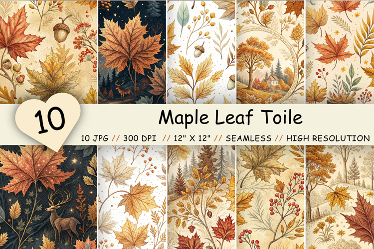 Maple Leaf Toile Digital Paper, Seamless Watercolor Pattern