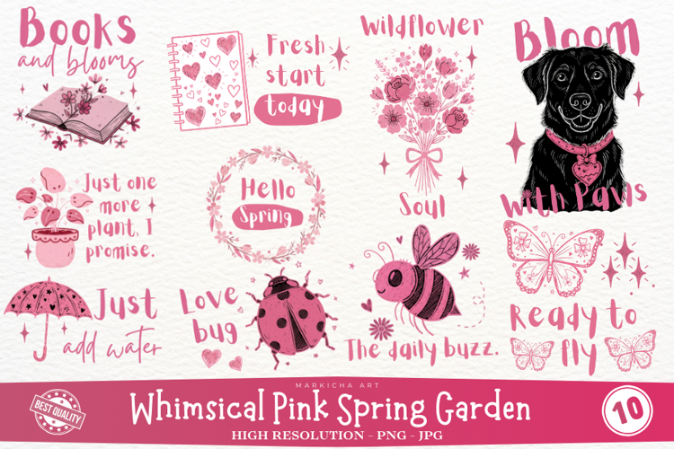 Whimsical Pink Spring Garden Clipart Bundle