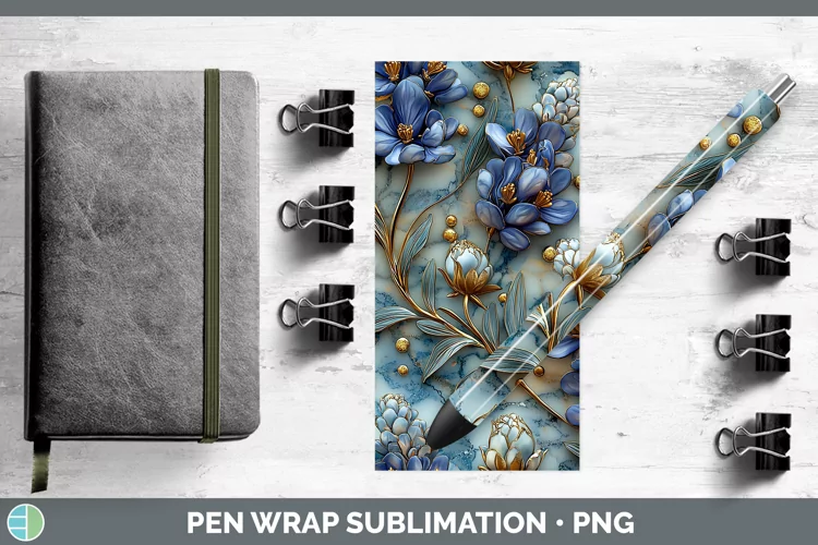Marble 3D Flowers Bluebonnet Pen Wrap Sublimation Epoxy Pen