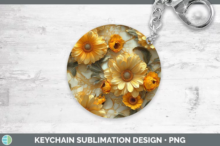 Marble 3D Flowers Calendula Keychain Sublimation Keyring Des