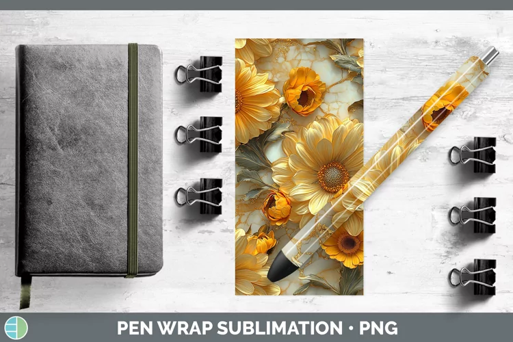 Marble 3D Flowers Calendula Pen Wrap Sublimation Epoxy Pen D