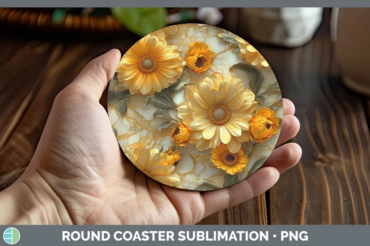 Marble 3D Flowers Calendula Round Coaster Sublimation Coaste