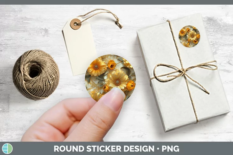 Marble 3D Flowers Calendula Stickers | Round Labels Designs
